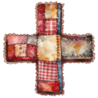 a unique cross-shaped patchwork of fabric showcasing textures and patterns. Featuring a design of intricate needlework and rich colors, the image evokes warmth and heritage png
