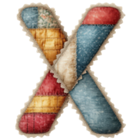 a colorful patchwork X letter with a vintage feel, showcasing the art of quilting. It features various fabrics with different textures and patterns, trimmed with lace png
