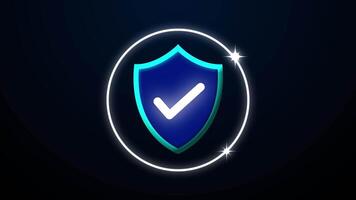 Animated protection shild with a check mark glow on dark background video