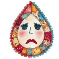 An artistic illustration of a teardrop with a sad facial expression and patchwork design. The teardrop has a sad, almost melancholic expression, which is crafted from stitched fabric. png