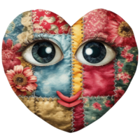 a whimsical patched heart-shaped artwork with a smiling face. The piece is made of colorful fabrics, giving it a handmade, artistic feel, features expressive eyes and red lips. png