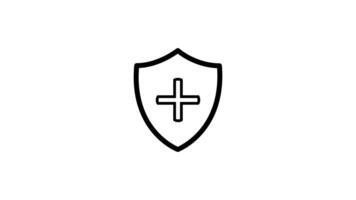 Animated protection shield icon with cross inside icon black line on white background video