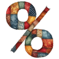 a colorful patchwork percent sign. The sign is made from different fabric patterns and colors, and it's an eye-catching and unique symbol png