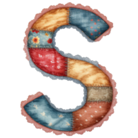 The letter S created with a patchwork design, adorned with a soft pink lace trim, evokes a sense of handmade charm and playful creativity. png