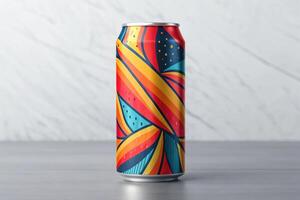 Aluminum beverage can with colorful abstract design photo