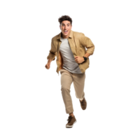 Man pretending to run in slow motion urban setting photography playful mood front view humorous concept png