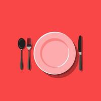 Empty dish, fork and spoon placed alongside. On orange background illustration vector