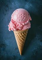 Pink ice cream in a waffle cone photo