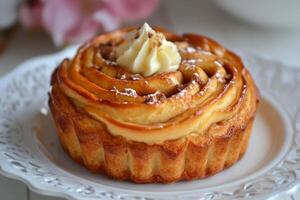 Delightful pastry creation with swirls of cream served on elegant plate in a cozy kitchen setting photo