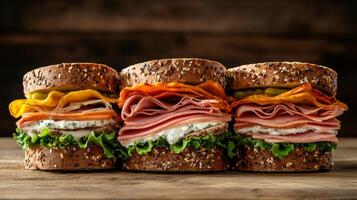 Delicious stacked sandwiches with layers of meats, cheeses, and fresh vegetables on a rustic wooden background photo