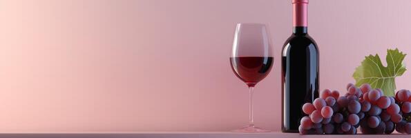 Rich red wine elegantly showcased next to fresh grapes against a soft pastel background during a tranquil evening photo