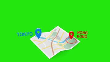 Tokyo to Hong Kong 3D Flight Animation with Airplane, Map, with Green Screen video
