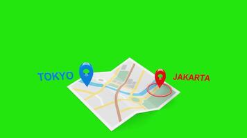 Tokyo to Jakarta 3D Flight Animation with Airplane, Map, with Green Screen video