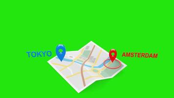 Tokyo to Amsterdam 3D Flight Animation with Airplane, Map, with Green Screen video