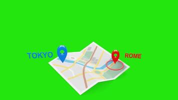 Tokyo to Rome 3D Flight Animation with Airplane, Map, with Green Screen video