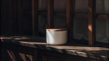 A white jar sitting on a wooden table photo