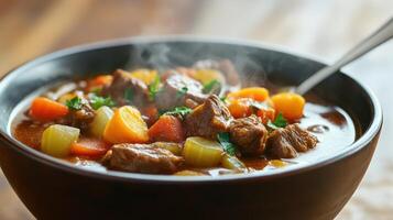 A bowl of beef stew with vegetables and meat photo