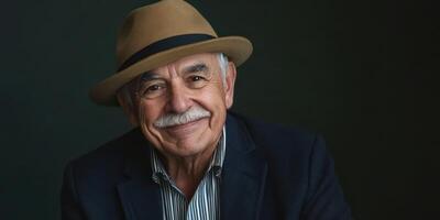 An older man with a hat and mustache smiling photo