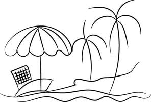 Simple Line Drawing of a Tropical Beach Scene with Palm Trees and Beach Umbrella vector