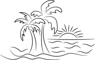 Line Drawing of a Tropical Sunset Scene with Palm Trees and Ocean Waves vector