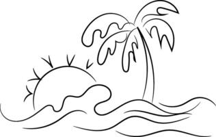 Simple Line Drawing of a Tropical Sunset Scene with Palm Tree and Ocean vector
