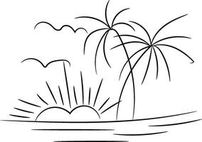 Simple Line Drawing of a Tropical Sunset Scene with Palm Trees and Birds vector