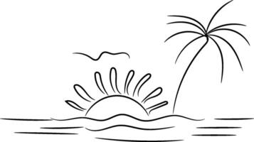 Simple Line Drawing of a Tropical Sunset Scene with Palm Tree and Ocean Waves vector