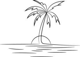 Simple Line Drawing of a Palm Tree on a Small Island at Sunset Over Calm Water vector