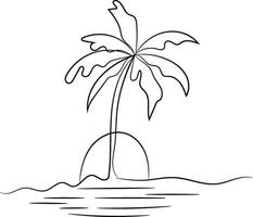 Single Line Drawing of a Palm Tree on a Beach at Sunset vector