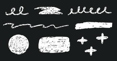 Set of hand drawn lines and shapes with crayon texture drawn on black chalkboard vector
