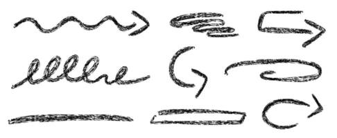 Set of abstract lines and arrows drawn with charcoal texture in black color vector