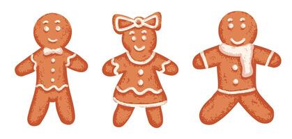 Set of Christmas gingerbread cookie in shape of man and woman with grainy texture vector