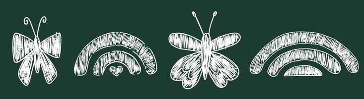 Set of butterfly and rainbow drawing with crayon in white color on dark blackboard vector