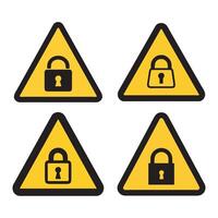 Yellow Warning Lock Triangle Signs, Raster lock flat warning sign. Triangle icon uses black and yellow colors. Symbol style is a flat lock attention sign on a white background vector