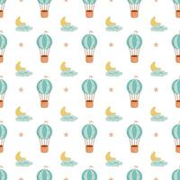 Seamless pattern with air balloons, cloud, moon. Pattern for baby shower decor, nursery print, kids apparel, wrapping paper, fabric, and textile. illustration vector