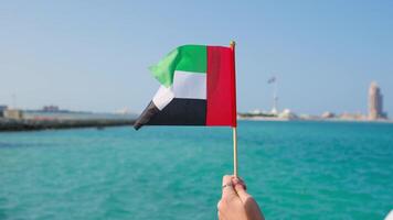hand holding small UAE flag against Abu Dhabi skyline and sea. Symbol of national pride video