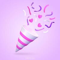 3d Party Poppers With Flying Confetti, Serpentine And Hearts. Firecracker Explodes With Ribbon For Surprise, Birthday Party, Anniversary. Render Illustration In Plasticine Cartoon Style. vector
