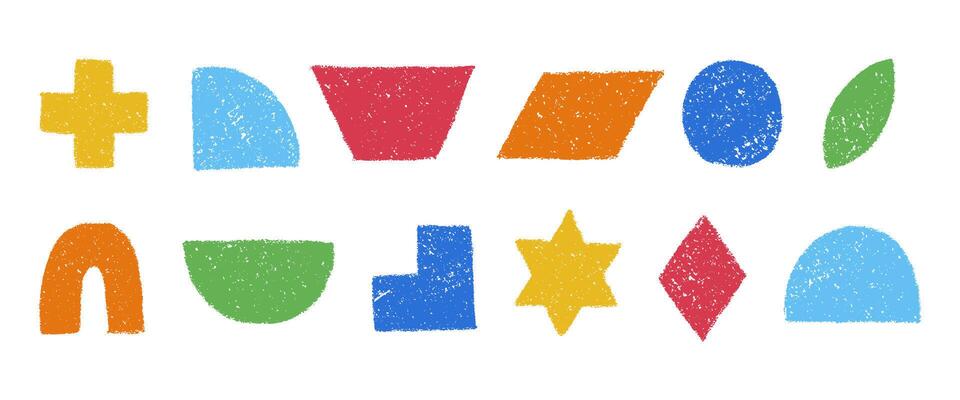 Set of colorful geometric figures hand drawn with crayon. Colored pencil or charcoal textured primitive elements. illustration isolated on a white background.