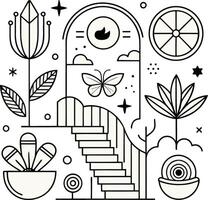 A black and white illustration of a staircase and other objects vector