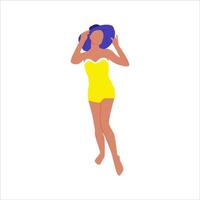 A girl in a yellow swimsuit and a blue hat on a white background vector