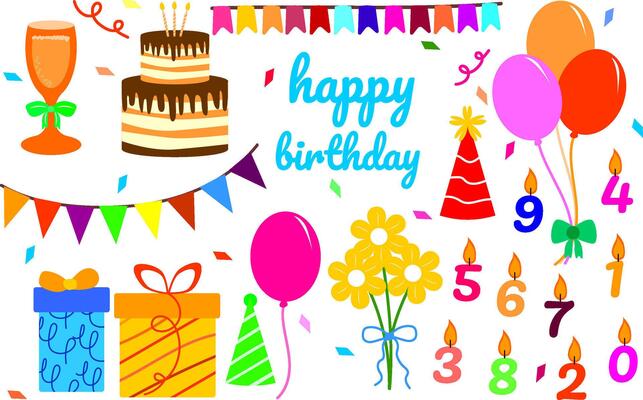 A set of bright birthday items on a white background