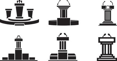 Political, debate, rostrum, lecture Podium set with Microphones and speaker illustration silhouette and Realistic Design icon vector