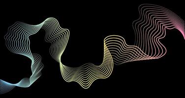 Futuristic geometric abstract shapes neon halftone pulsating wavy lines. Gradient curved stripes on black background. Modern design for equalizer, audio recording, voice assistant. vector