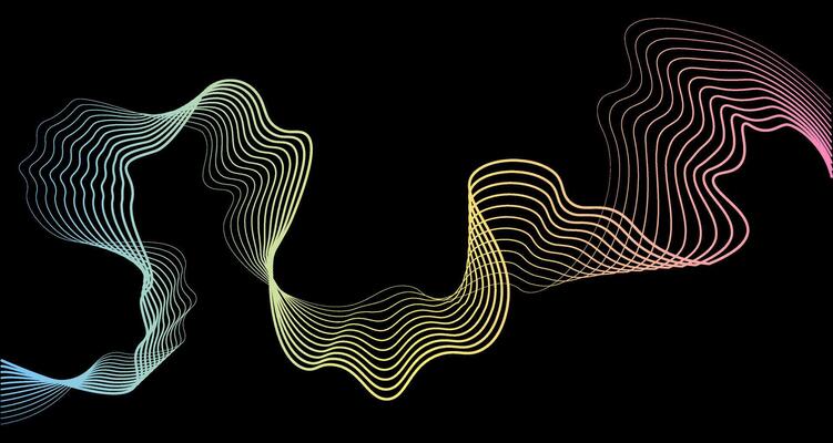 Futuristic geometric abstract shapes neon halftone pulsating wavy lines. Gradient curved stripes on black background. Modern design for equalizer, audio recording, voice assistant.