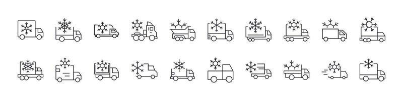 Set of Delivery Truck with Snow Related Line Icons. Outline Signs for Graphic and Web Design, Apps, Adverts, Various Cards vector