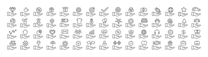 Different Items on Hand Thin Line Icon Set. Outline Signs for Graphic and Web Design, Apps, Adverts, Various Cards vector
