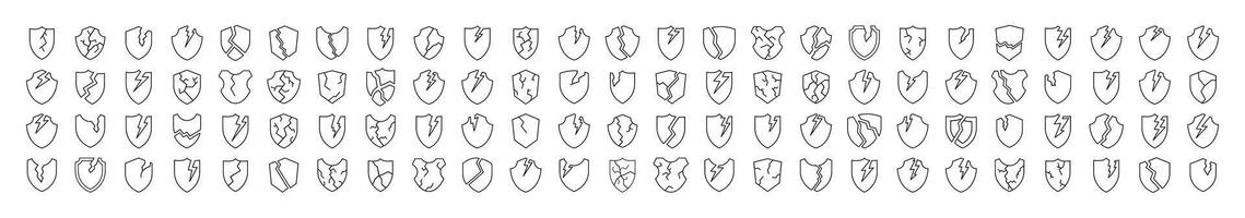 Broken Shield Line Icon Set. Outline Signs for Graphic and Web Design, Apps, Adverts, Various Cards vector