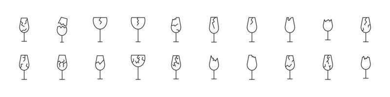 Bundle of Line Icons of Broken Glass of Wine. Minimalistic Linear Pictogram for Web and Graphic Design, Apps, Banners, Social Network and Cards vector
