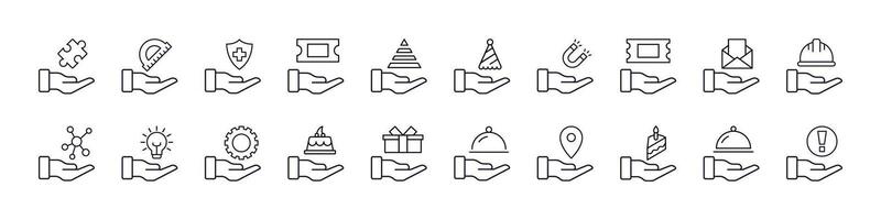 Helmet, Food, Mail etc on Hand Line Icon Pack. Outline Signs for Graphic and Web Design, Apps, Adverts, Various Cards vector