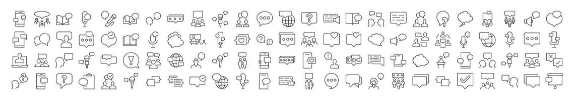 Talking and Dialogue Bundle of Related Line Icons. Speech Bubble Outline Signs for Graphic and Web Design, Apps, Adverts, Various Cards vector